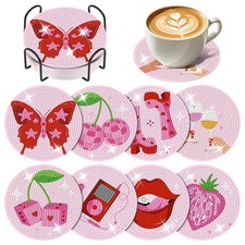 8PCS Pink Diamond Art Coasters Kit with Holder, Disco Diamond Painting Coasters