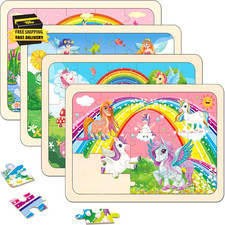 Wooden Jigsaw Puzzles for Kids Ages 4-6, 4-Pack 24-Piece Castle Puzzles Toy  Wo