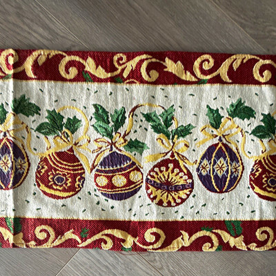 Woven Christmas Holiday Table Runner Ornament Design Burgundy Gold Green