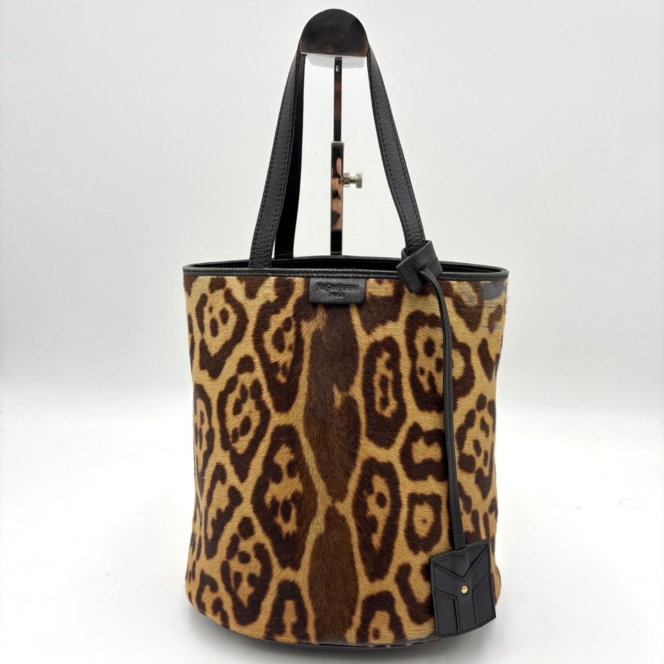 Auth Yves Saint Laurent Leopard-Print Pony Hair Bucket Tote Bag 164778 3Y722
