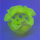 Vaseline Yellow Polka Dot Glass Vase, Ruffled Rim, Glossy Finish, Decorative