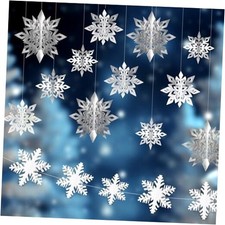 24 PCS Winter Christmas Hanging Snowflake Decorations, 12PCS Hanging 3D Silver