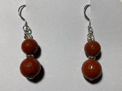 Red Jasper Gemstone Round Sterling Silver Handmade Earrings 1.5 Inch Dangle Drop - Picture 5 of 7