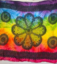 Tie Dye Sarong Mandala Rainbow with fringe on sides Boho Wall Hanging 42 x 60"