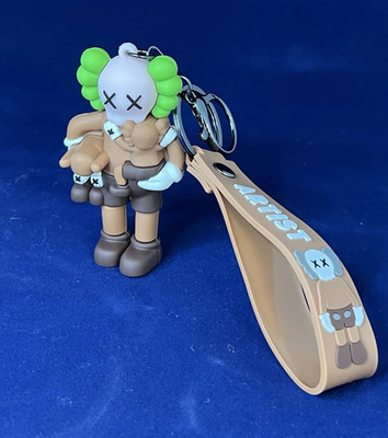 KAWS Character Figure Keychain w/ Wrist Strap, Detachable Keyring, Brown/Green