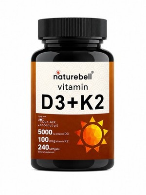 NatureBell Vitamin D3 5000 IU + K2 MK-7 100 mcg 240 Softgels w/ Coconut Oil