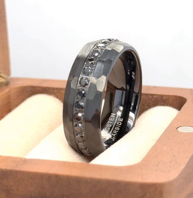 Valentine Gift Ring Domed Black Tungsten Band with Hammered Design and CZ Inlay