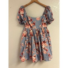 Altar'd State Blue Floral Puff Sleeve Babydoll Mini Dress Smocked Back Large