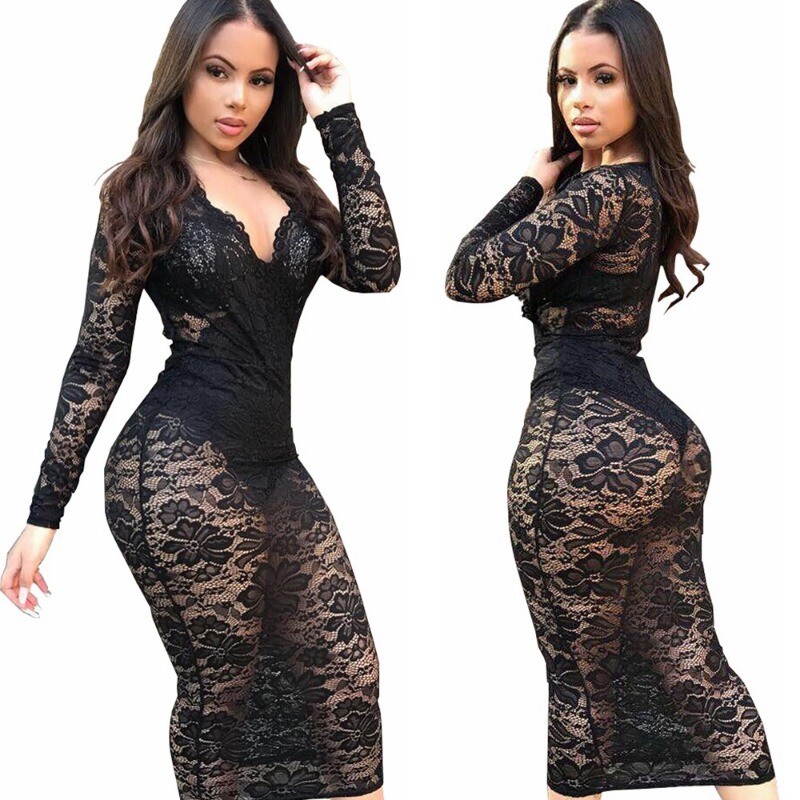 Sexy Mujeres Cuello en V Profundo Mangas Largas Encaje Transparente Ajustado Vestido Largo Fiesta Prendas para club nocturno