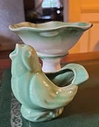 McCoy Singing Bird Planter In Sea Foam Green 4.25” W/ Hull Pedestal Bowl Dish