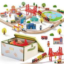 Tiny Land 110pcs Wooden Train Set with Folding Storage Box, Medium, Colorful