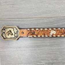 Kids Western Tooled Leather Belt Horse Head Buckle Stallions 154 Size 30 Gold