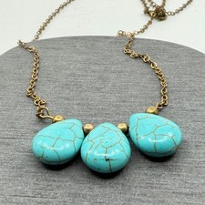 Turquoise Blue Teardrop Bead Necklace Antique Gold Tone Boho Statement Collar