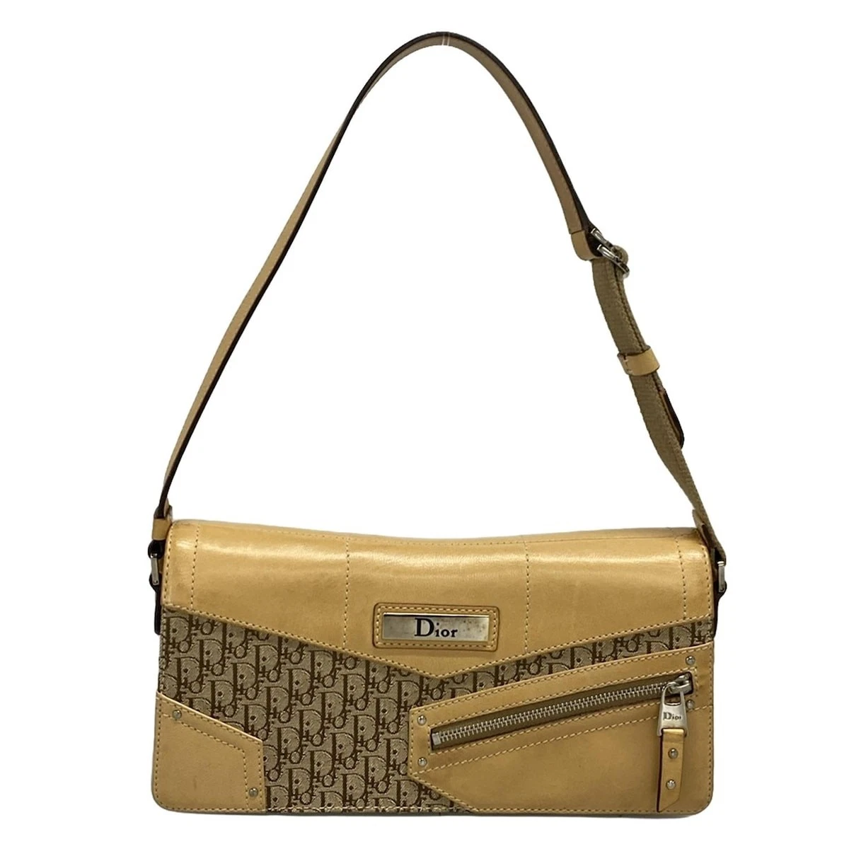 Authentique sac à bandoulière DIOR/ChristianDior Trotteur beige marron foncé cuir jacquard