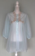 Vintage 1960s GOSSARD ARTEMIS Light Blue Nylon  Lace Babydoll Robe Small S FLAW