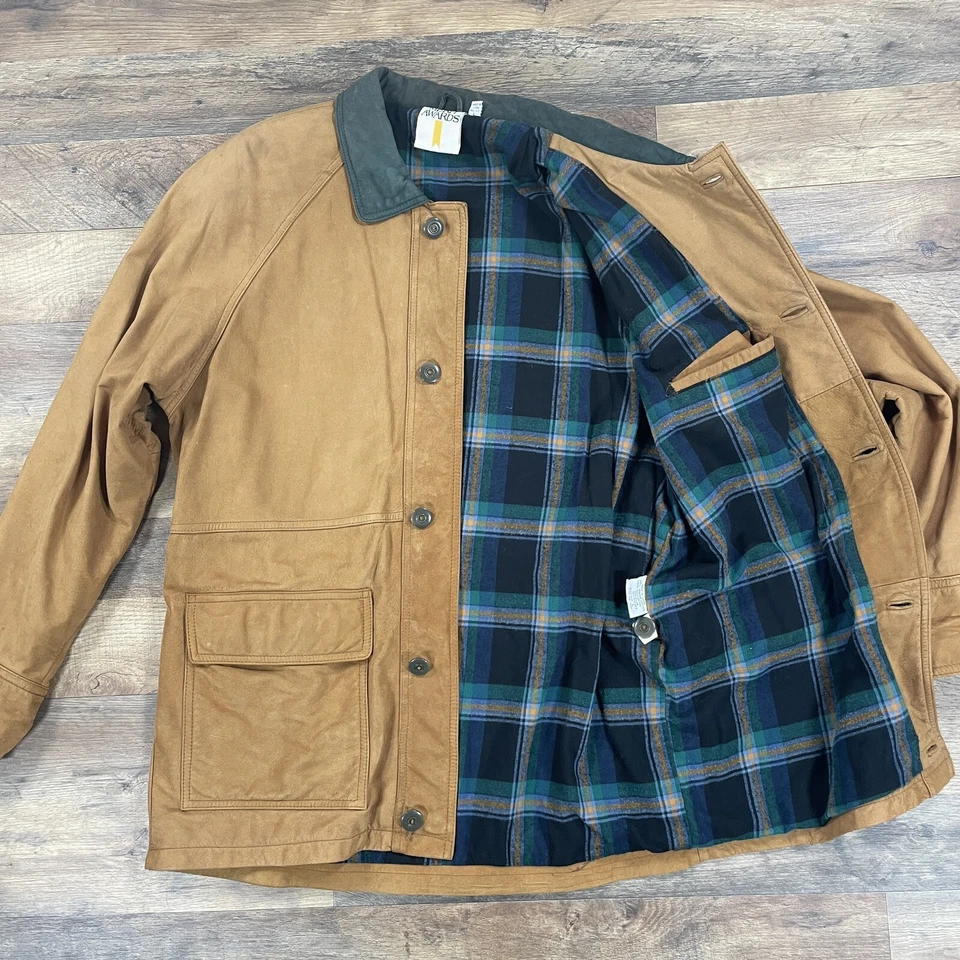 Chaqueta de cuero Merit Awards para hombre grande marrón suave nobuck franela forrada abrigo de granero Foto 4 de 4