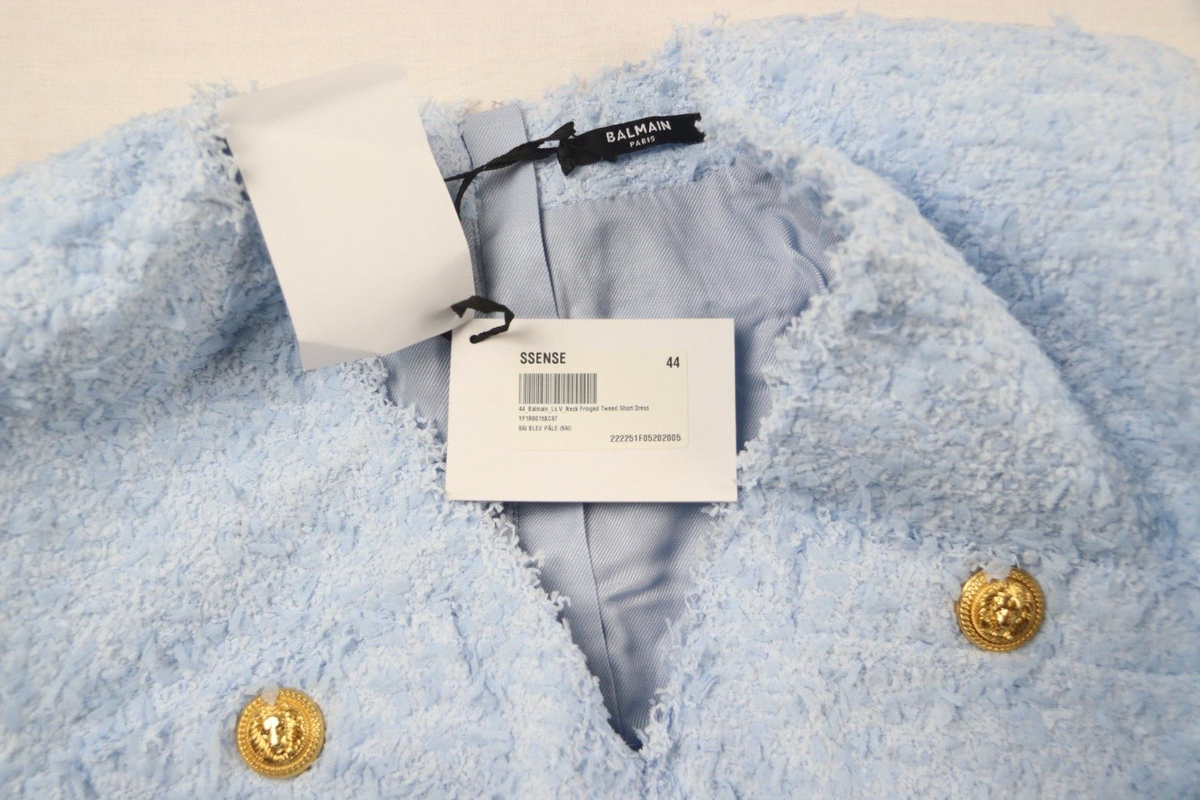 Balmain Blue Long Sleeve V Neck Fringed Tweed Short Dress