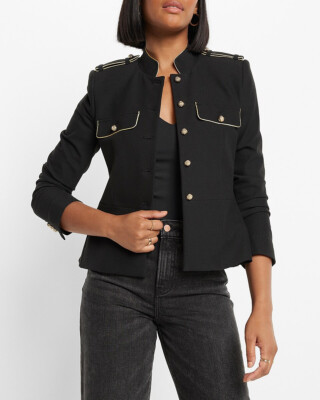 NEW EXPRESS $228 BLACK NOVELTY GOLD PIPED STRUCTURED JACKET SZ S SMALL