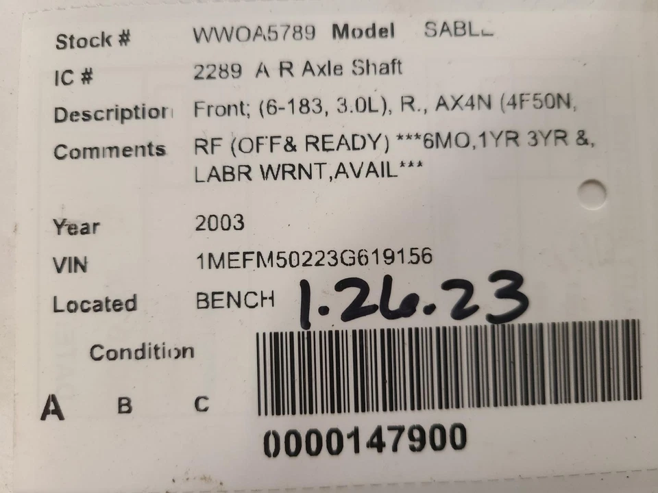 Used Front Right Drive Axle Shaft fits: 2003 Mercury Sable Front 6-183 3.0L R. A - Image 4 of 4