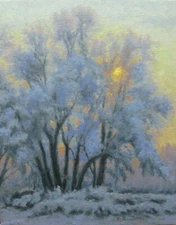 R.K. Jolley original oil painting impressionist landscape winter trees sunset