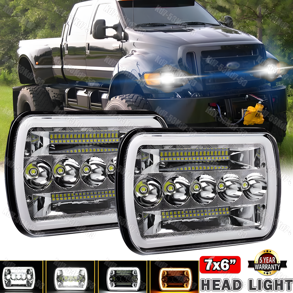 DOT Approved Pair 5x7 7x6 LED Headlights With DRL For Ford F650 F750 L9000 F-250