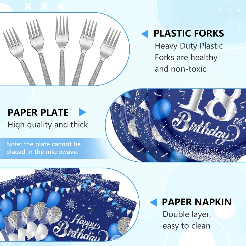 96件装18岁生日装饰男孩海军蓝银色主题18岁Bir... — 第 3/4 张图片