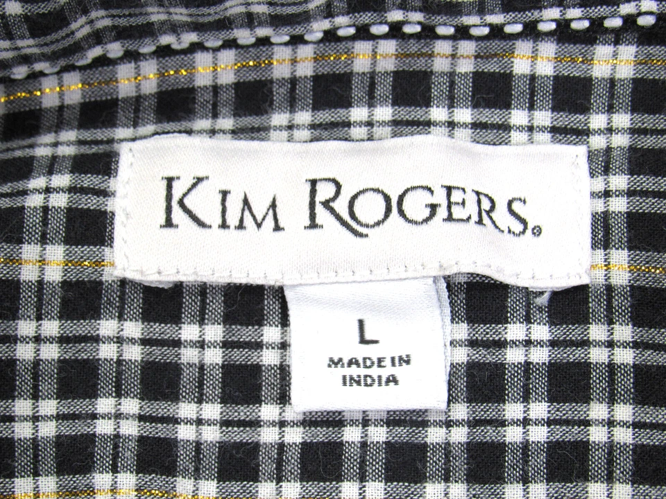 Kim Rogers Shirt Womens L [42 Bust 28L ] Gingham B/W Button L/S Metallic Threads - Image 3 of 4