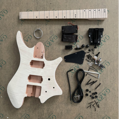 Unfinished Electric Guitar Headless Kit Flamed Maple Top DIY Black Hardware