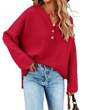 Womens V Neck Oversized Sweater Long Sleeve Knitted Jumper Red S 