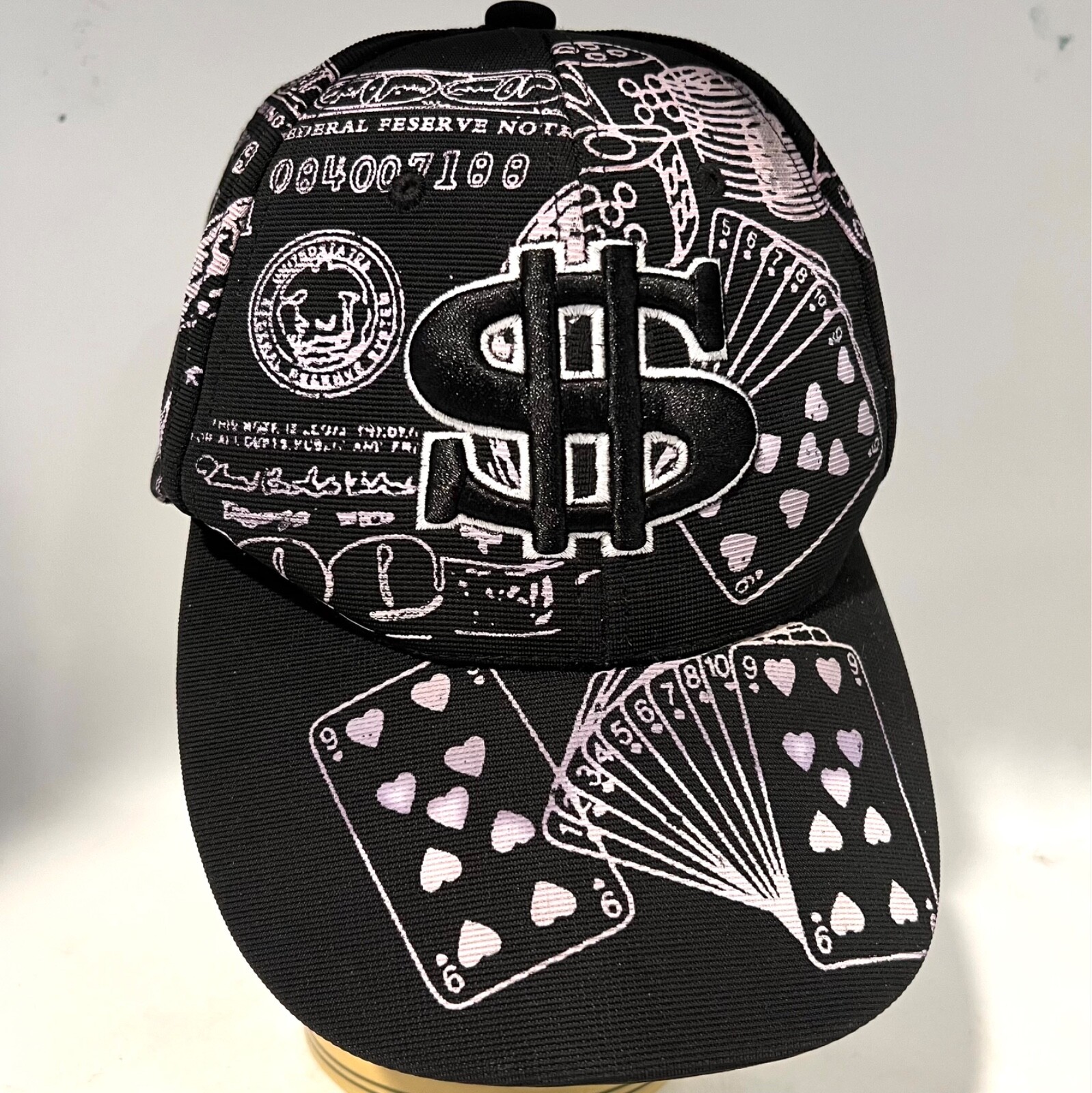 Baseball Cap. Parquet L-FLEX Embroidered Dollar Sign. Black w/ Playing Cards-image
