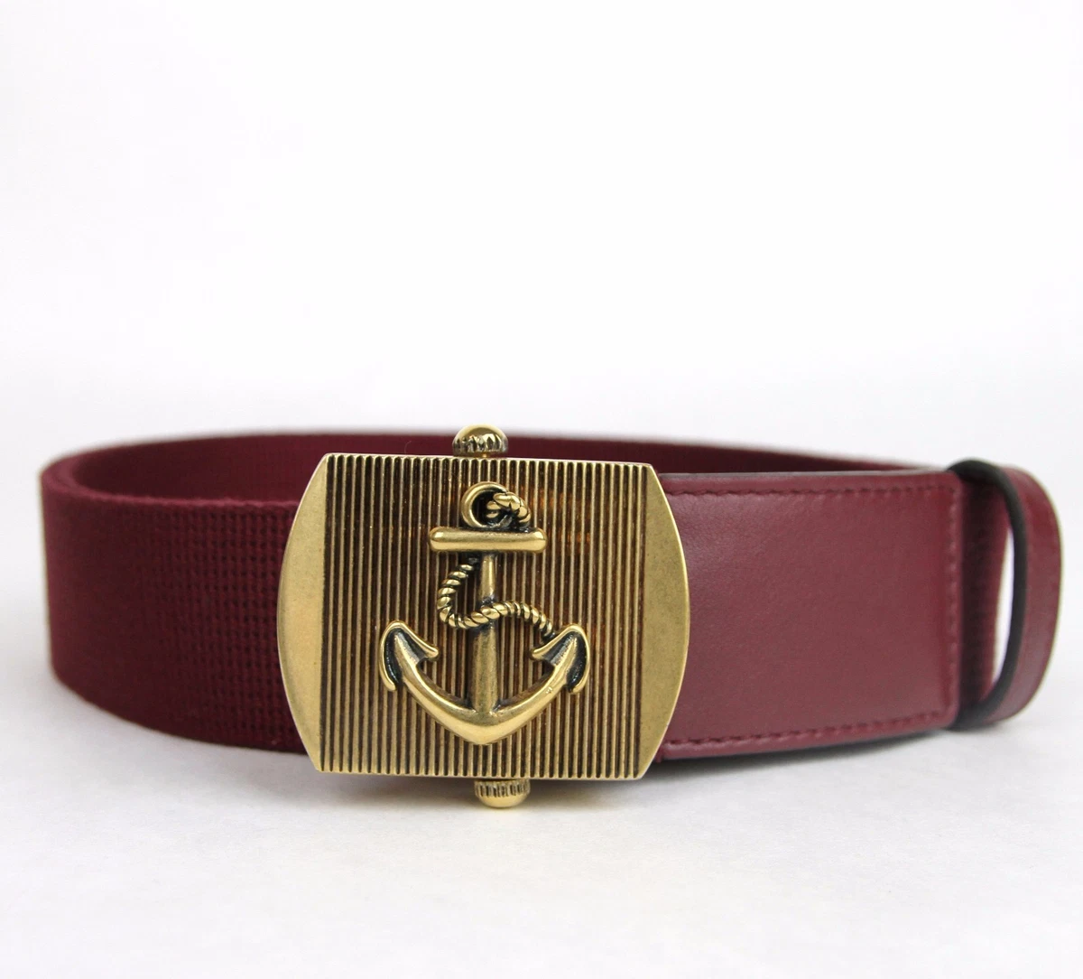 New Gucci Men's Burgundy Fabric Belt Military Anchor Brass Buckle 375191  6148