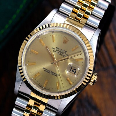 Rolex Mens Datejust 18K Gold & Steel Champagne Dial Fluted 36mm