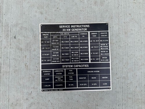 MEP005 Diesel Military Generator - Service Instructions / Capacities Placard