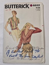 6822 Vintage Butterick Pattern Misses 1970s Button Front Blouse Shirt 14 CUT