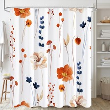 Blue Beige Floral 36x72 Inch Small Narrow Stall Fabric Shower Curtain Set