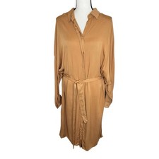 HYFVE Women’s Medium Tan Belted Long Sleeve Button Down Midi Shirtdress Collared