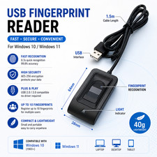 USB Fingerprint Reader Key Biometric Scanner Sensor Windows 10 11 Hello Security
