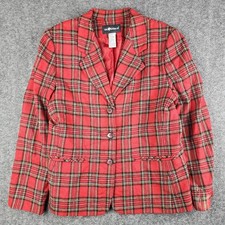 Sag Harbor Blazer Women 12 Red Plaid Wool Blend 3-Button Dark Academia Vintage
