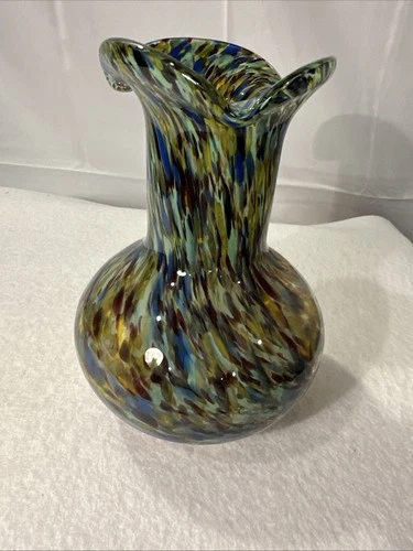 Retro Vintage Murano Vase Ribbon Top Multi Color Glass Fantastic