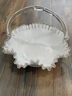 Vintage FENTON Silver Crest White Milk Glass BRIDES BASKET-Ruffle Basket-7” Tall