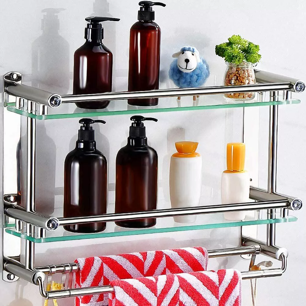 Waverly Place 22 in. L x 8 in. H x 5 in. W 2-Tier Clear Glass Bathroom Shelf with Gallery Rail in Satin Nickel Waverly Place 22 in. L x 8 in. H x 5 in. W 2-Tier Clear Glass Bathroom Shelf with Gallery Rail in Satin Nickel