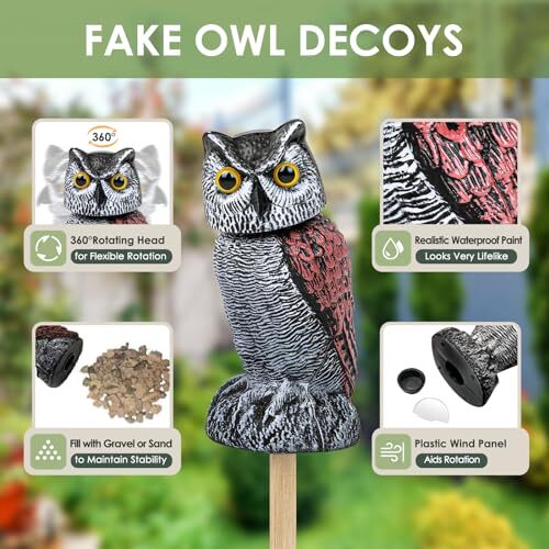 Owl Decoy to Scare Birds Squirrels Away, Rotating Head Plastic Fake