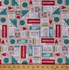 Cotton Dogs Puppies Tags Words Scripts Cream Fabric Print by the Yard D757.36