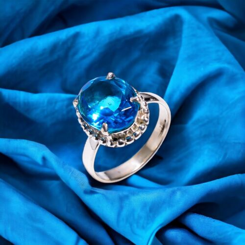 Swiss Blue Topaz Gemstone 925 Sterling Silver Statement Ring Size 6.25 For Women - Zdjęcie 1 z 6