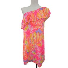 Lilly Pulitzer Emmeline One Shoulder Dress Neon Pink Yellow XS Beach Tropical