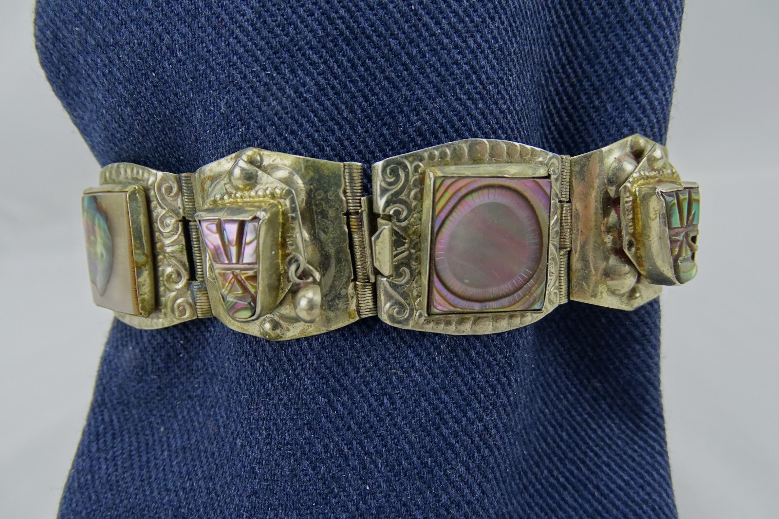 Abalone Shell Panel Bracelet clasp marked Taxco 9… - image 10