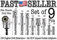 105 Degree Right Angle Drill Bit + 1/4" 3/8" 1/2" Hex Shank Socket Adapter Set