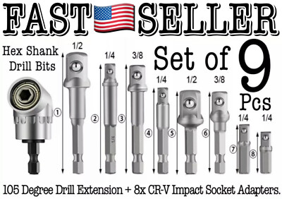 105 Degree Right Angle Drill Bit + 1/4" 3/8" 1/2" Hex Shank Socket ...