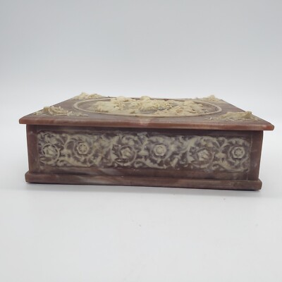 Vintage Incolay Stone Composite Jewelry Box With Tray Cherub