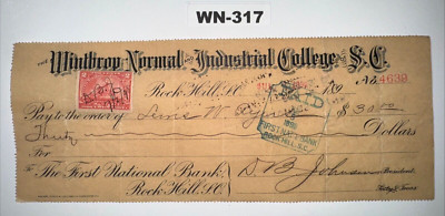 COOL LATE 19TH CENTURY BANK CHECK - Winthrop Normal & Industrial College  WN-317